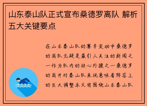 山东泰山队正式宣布桑德罗离队 解析五大关键要点 山东泰山队正式宣布桑德罗离队 解析五大关键要点